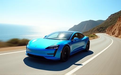 Blue electric coupe on coastal road