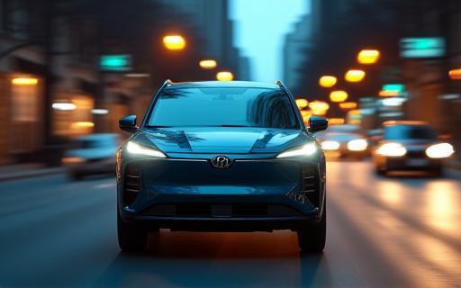 Hybrid SUV cruising city streets at dusk